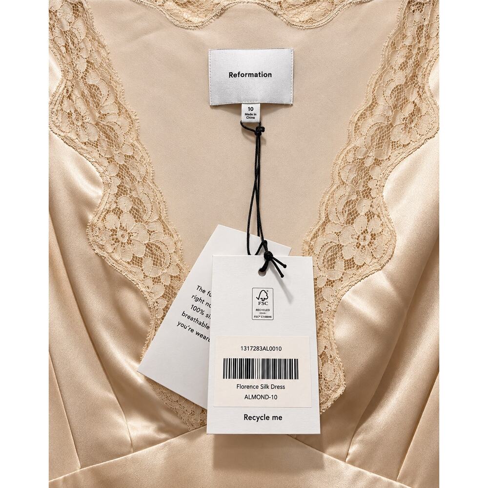 Reformation Florence Silk Dress Almond Size 10 NWT Lace Trim Midi Dress - Picture 7 of 8